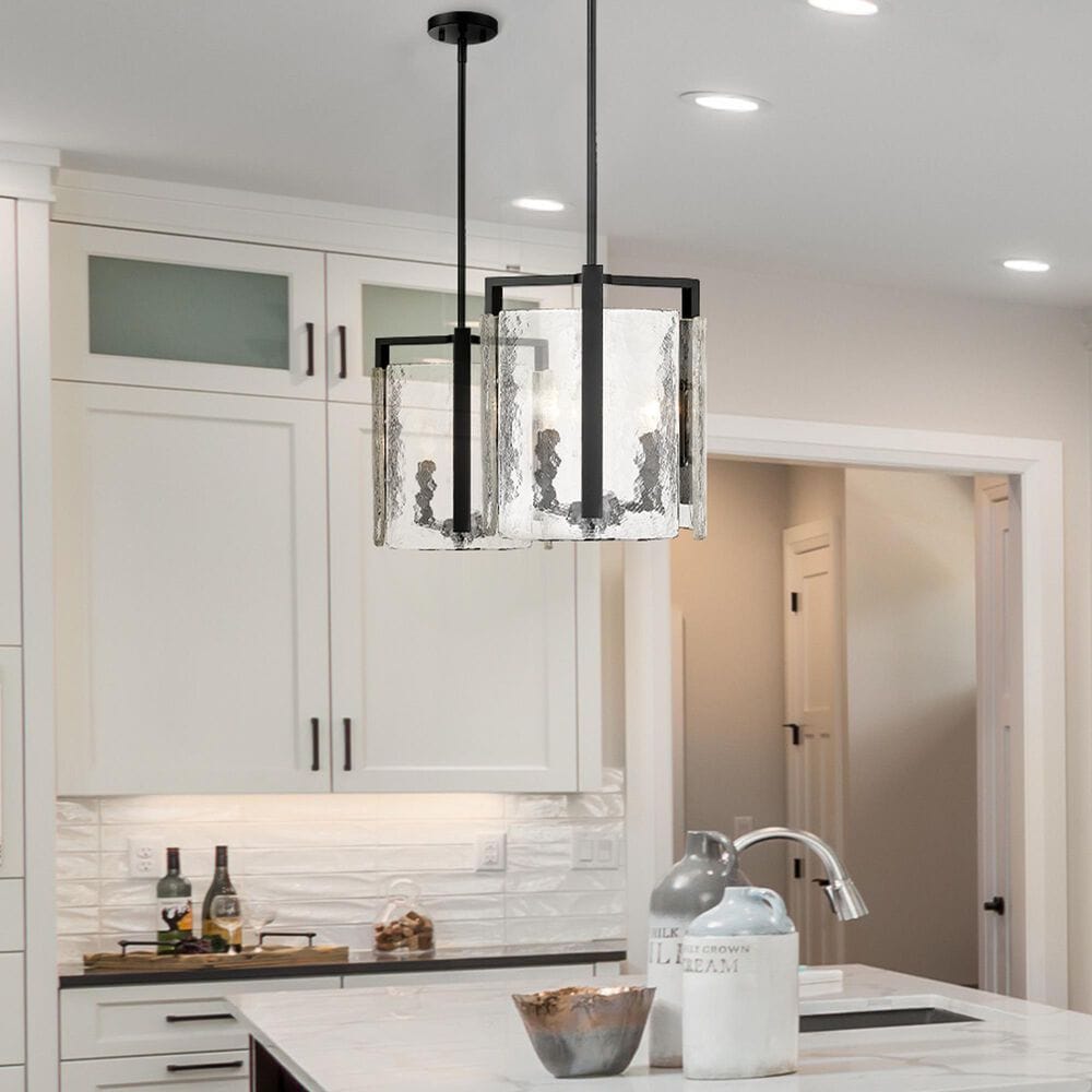 Golden Lighting Aenon 3-Light Wide Taper Candle Pendant with Hammered Water Glass Shade in Matte Black, , large