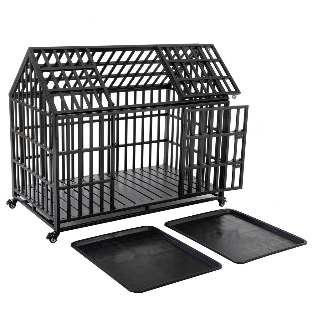 HOMLUX 52" Heavy Duty Dog Cage Pet Crate with Roof and Window on Roof in Black, , large