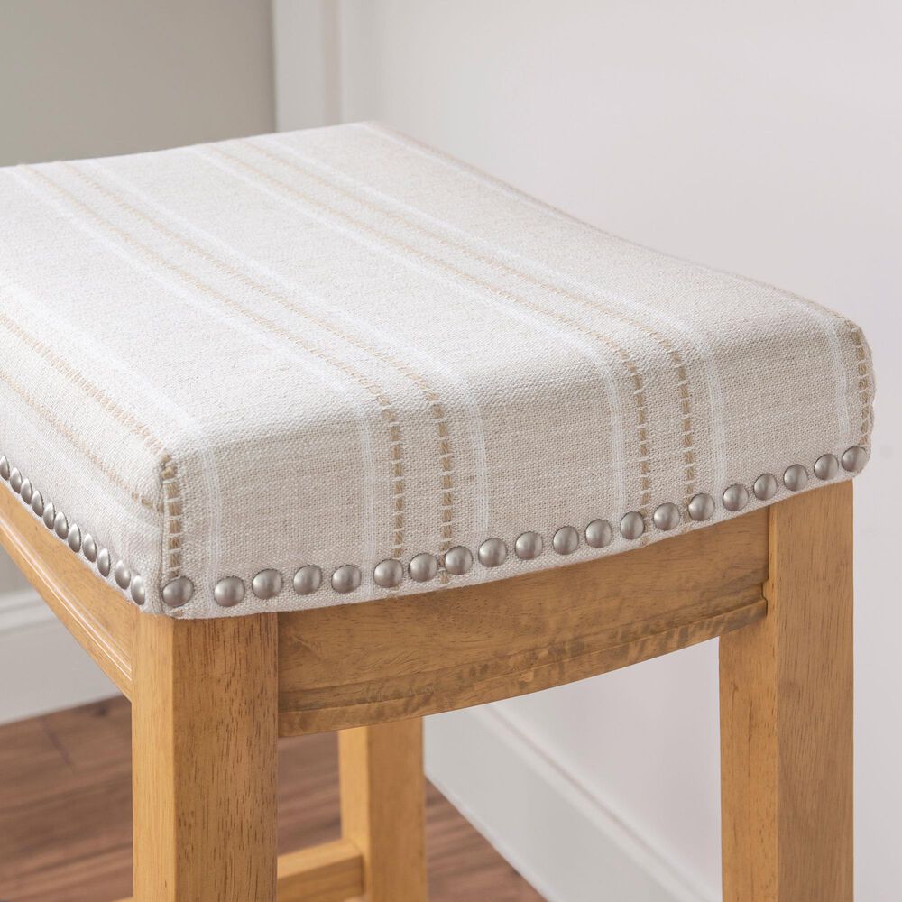 Linon Home Decor Claridge Bar Stool with Striped Beige Cushion in Rustic Brown, , large