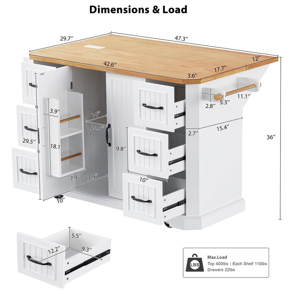 HOMLUX 56" Kitchen Island with Drop Leaf in White, , large