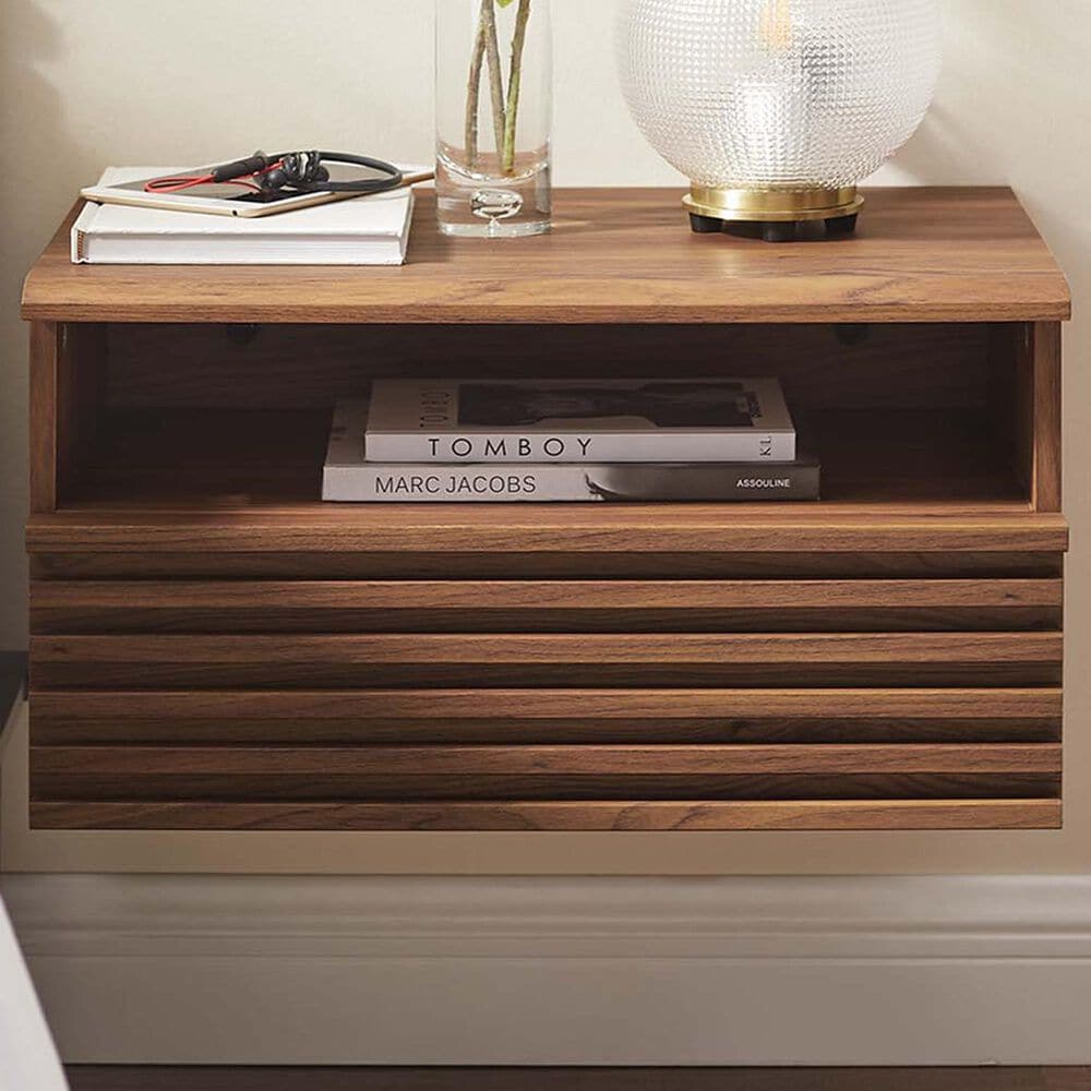 Modway Render 1 Drawer  and Shelf Wall Mount Nightstand in Walnut, , large