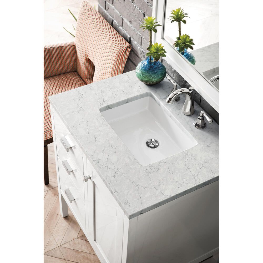 James Martin Addison 30&quot; Single Bathroom Vanity in Glossy White with 3 cm Eternal Jasmine Pearl Quartz Top and Rectangular Sink, , large