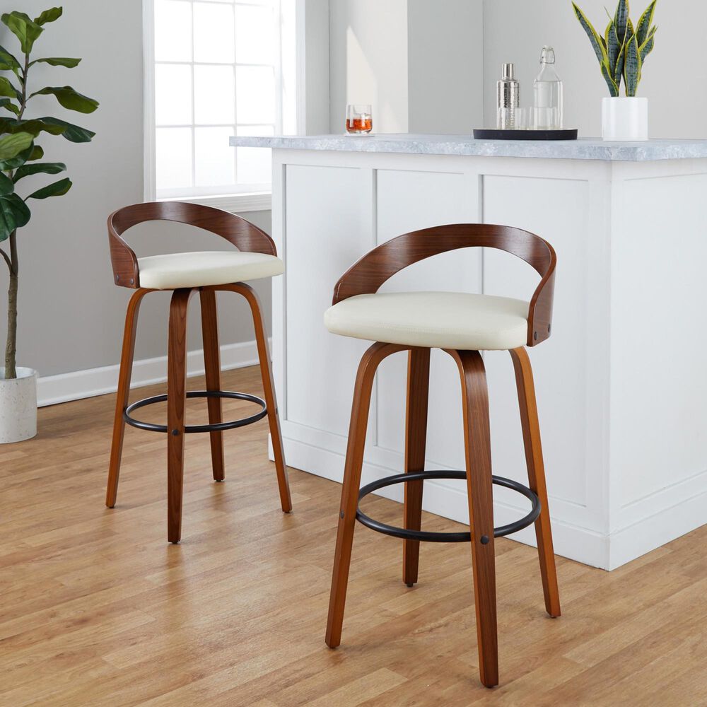 LumiSource Grotto 30" Swivel Barstool with Cream Faux Leather Upholstery in Walnut and Black (Set of 2), , large