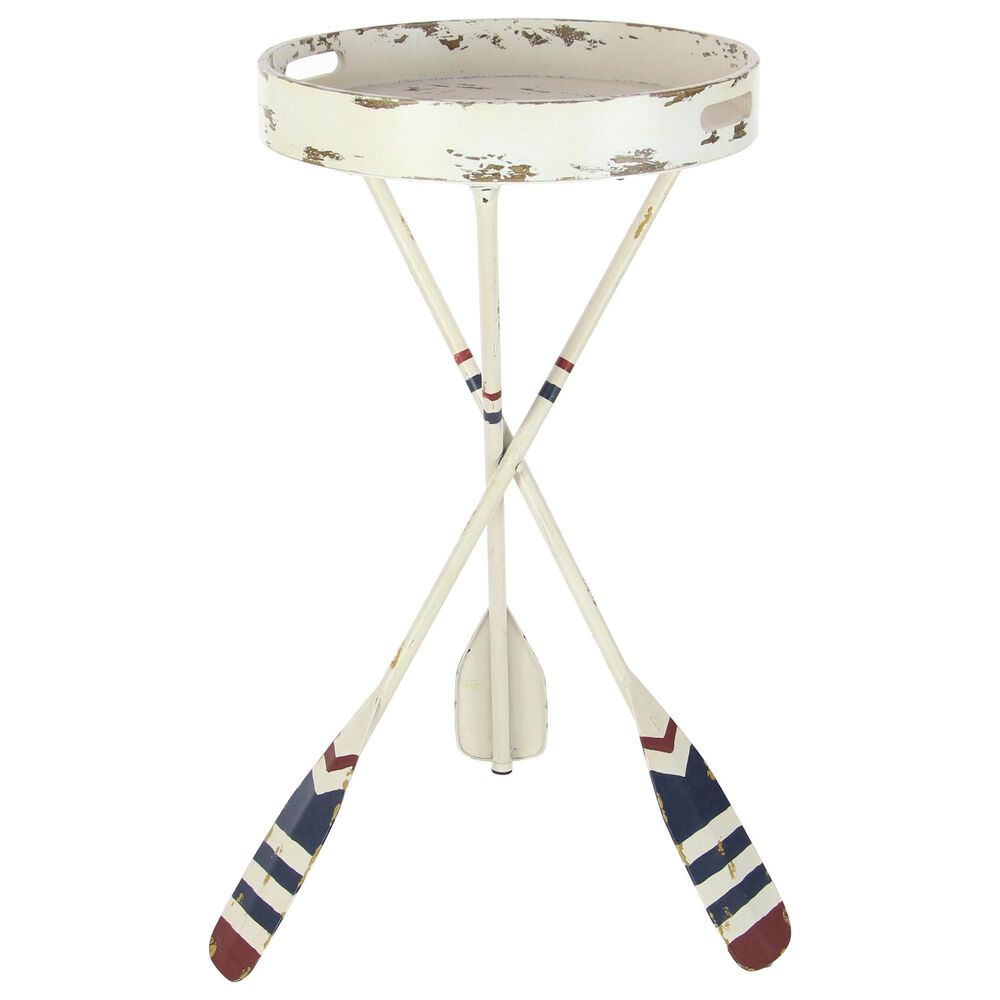 Maple and Jade Striped Paddle Accent End Table in Distressed White, Navy and Red, , large