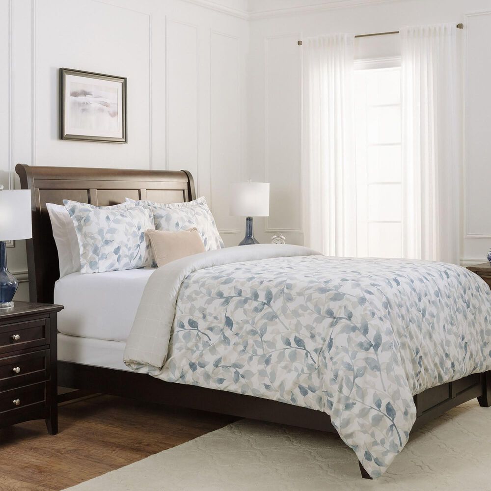 Layered Leaf 3-Piece Queen Duvet Cover Set in Blue and Taupe, , large