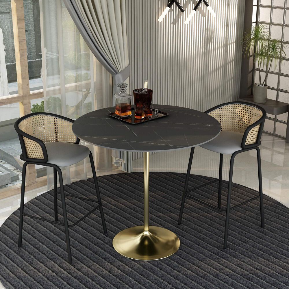 Leisuremod LeisureMod Verve Collection Modern Bar Height Table Brushed Gold Base with 48 Round Black Marbelized Sintered Stone Top, , large