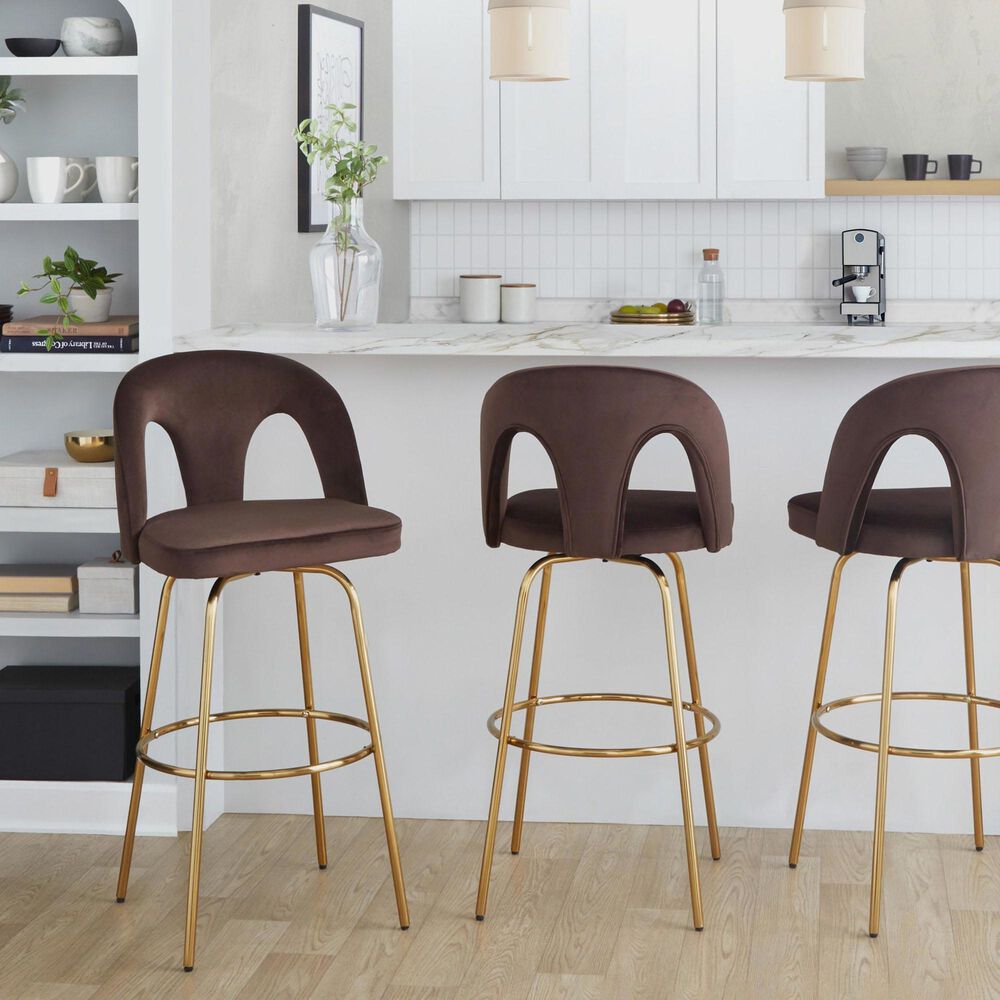 LumiSource Ava Swivel Bar Stool with Espresso Velvet Upholstery in Gold (Set of 2), , large