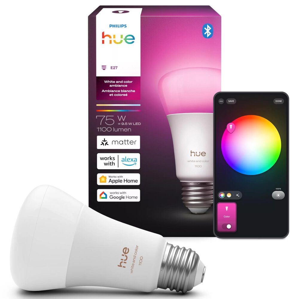 Phillips Hue 75-Watt A19 E26 Smart LED Bulb in White, , large