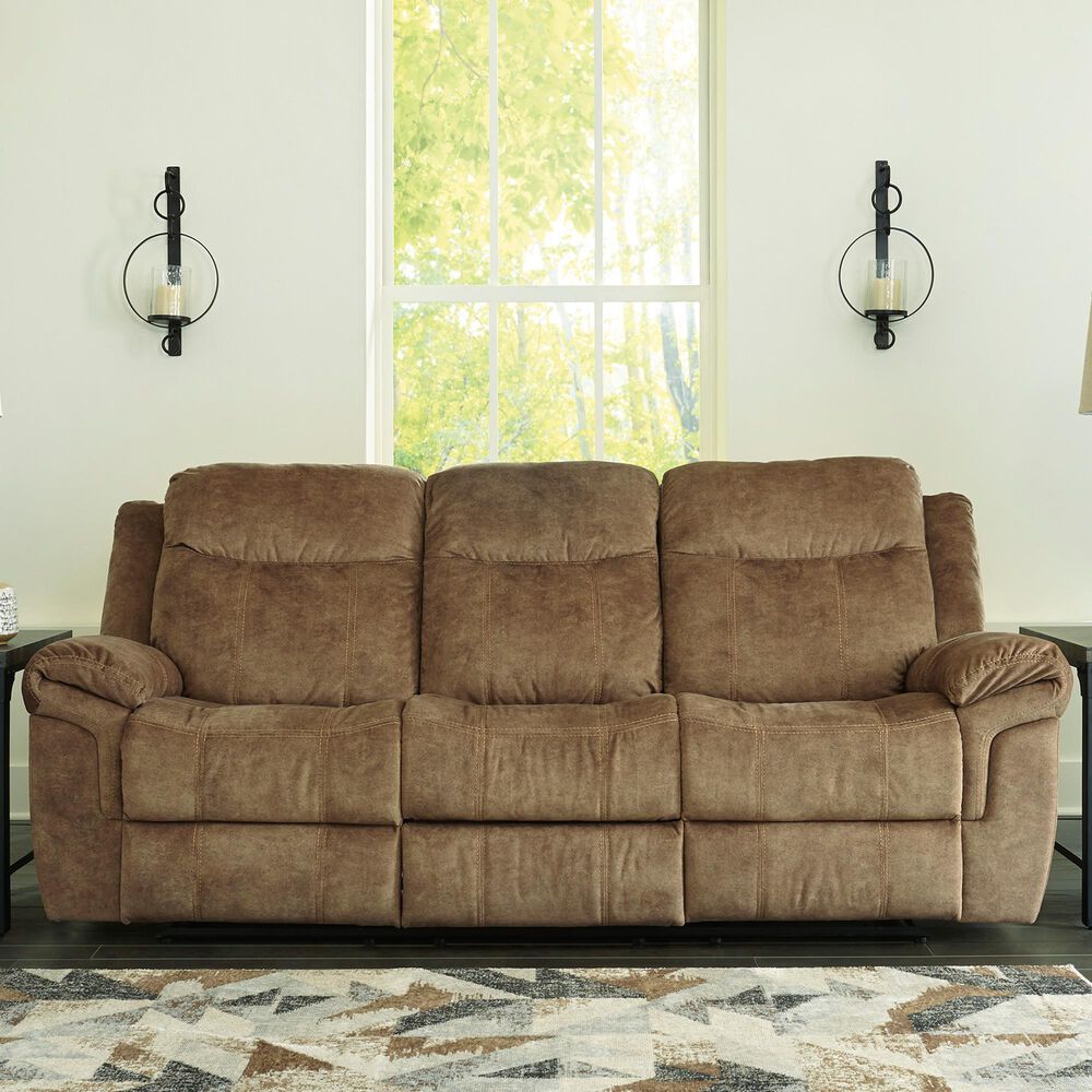 Signature Design by Ashley Huddle Reclining Sofa with Drop Down Table in Nutmeg Velvet, , large