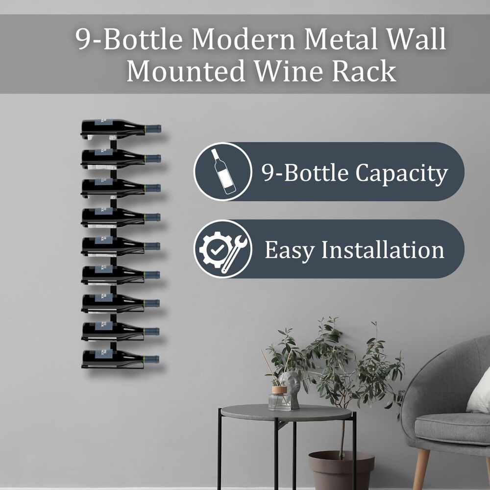HOMLUX 9-Bottle Metal Wall Mounted Wine Rack in Black, , large