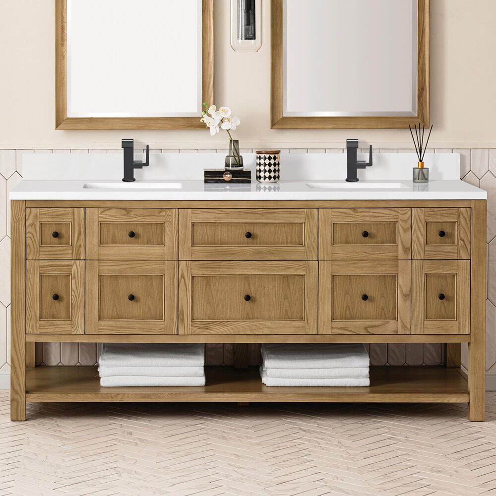 James Martin Vanities Breckenridge 72&quot; Double Bathroom Vanity in Light Natural Oak with Single Hole 3 cm White Zeus Quartz Top and Rectangular Sinks, , large