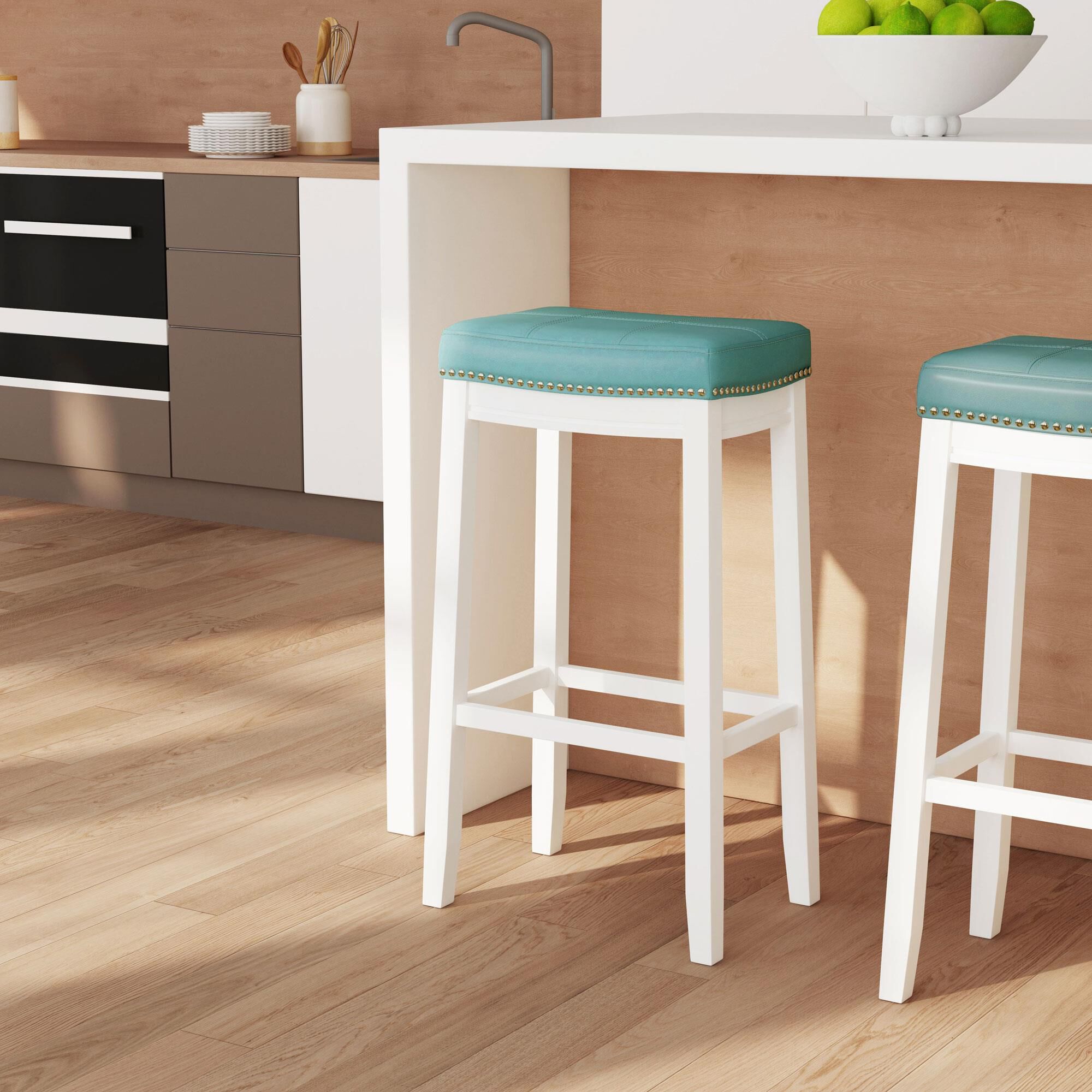 Linon Home Decor Claridge Bar Stool with Teal Cushion in Bright White