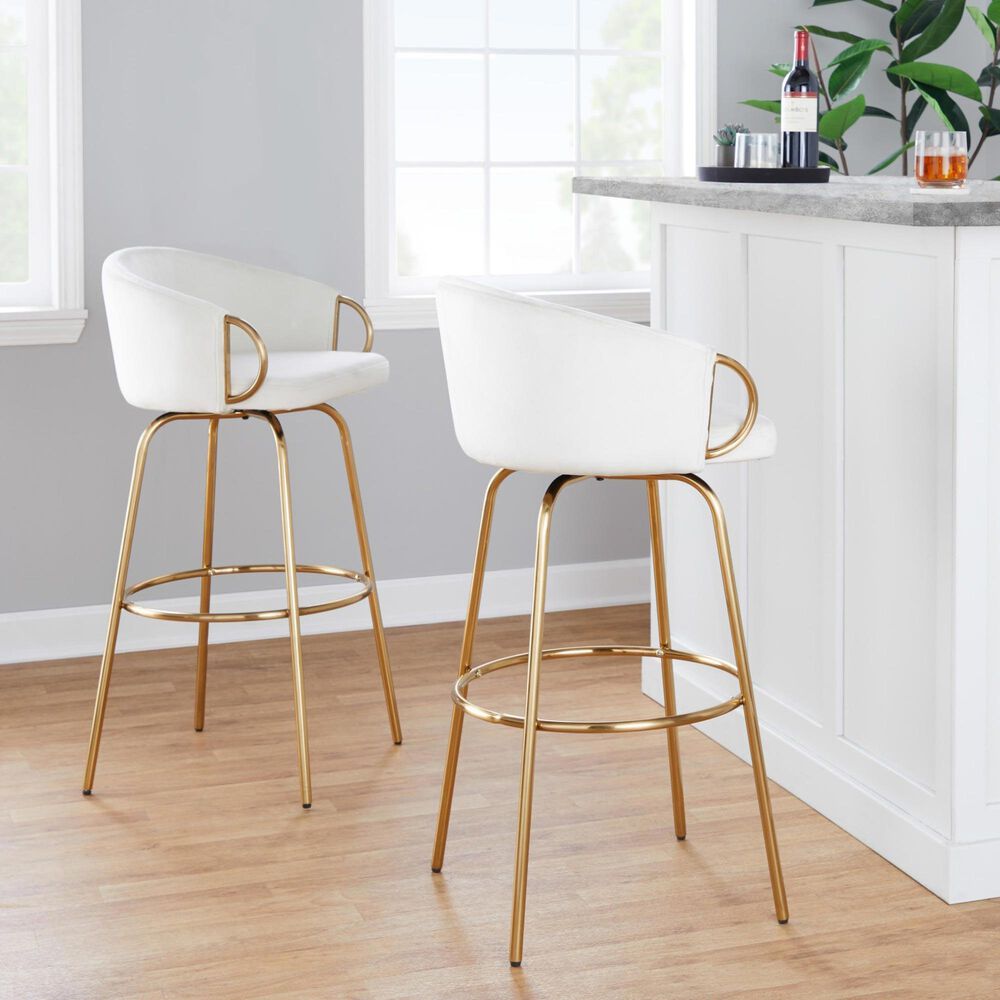 LumiSource Claire Swivel Barstool with Cream Velvet Upholstery in Gold (Set of 2), , large