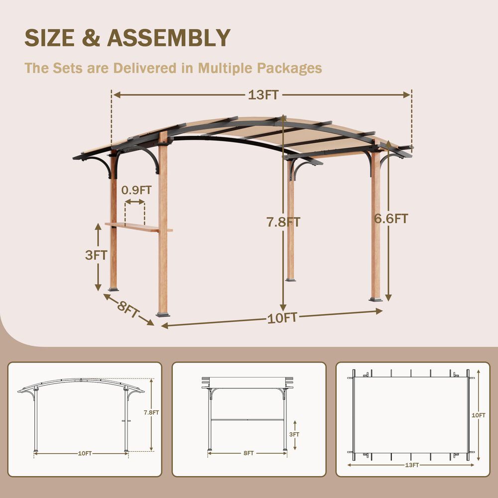 Sunwell Garden 8' x 10' Outdoor Steel Arched Natural Wood Patio Pergola, , large