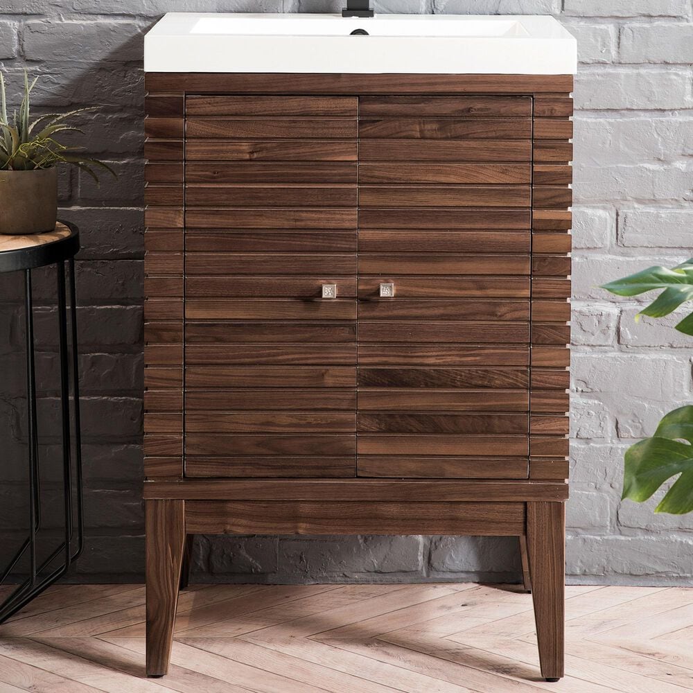 James Martin Vanities Linden 24&quot; Single Bathroom Vanity in Mid Century Walnut with 5 cm White Glossy Resin Top and Rectangular Sink, , large