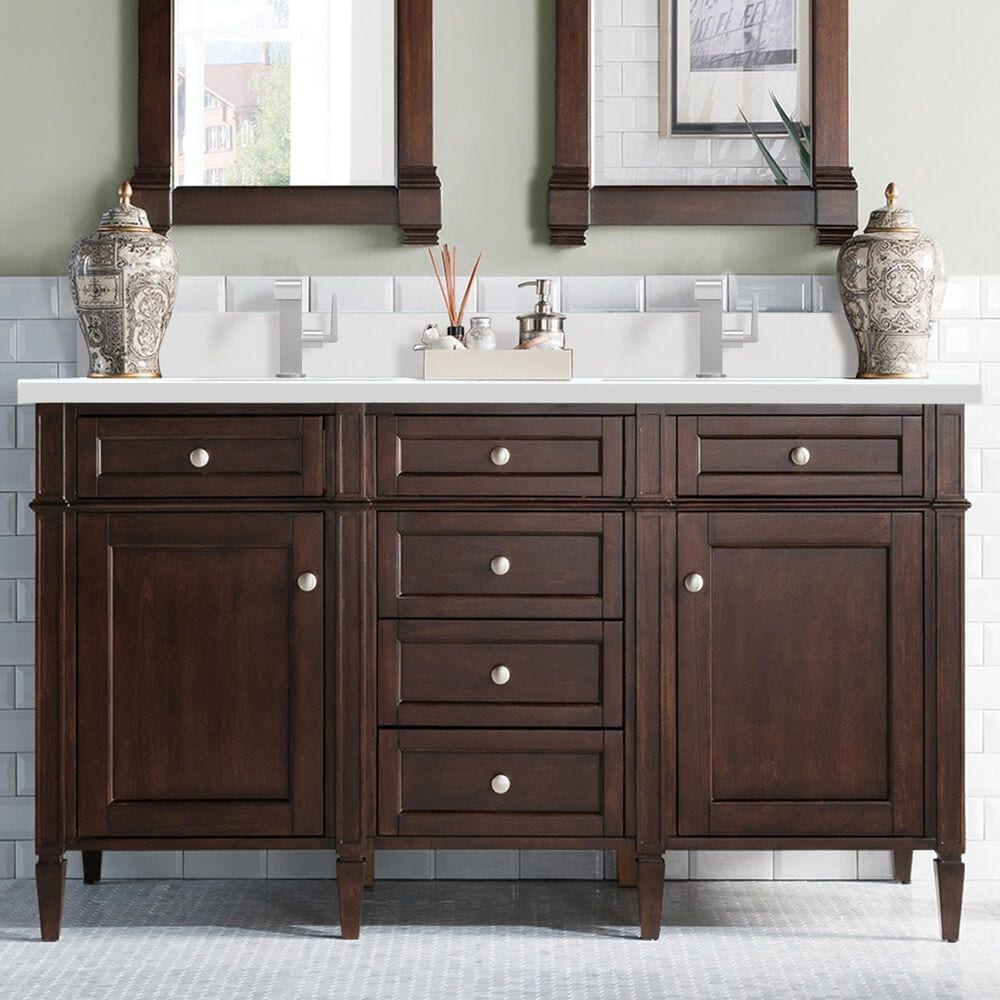 James Martin Vanities Brittany 60&quot; Double Bathroom Vanity in Burnished Mahogany with 3 cm White Zeus Quartz Top and Rectangular Sinks, , large