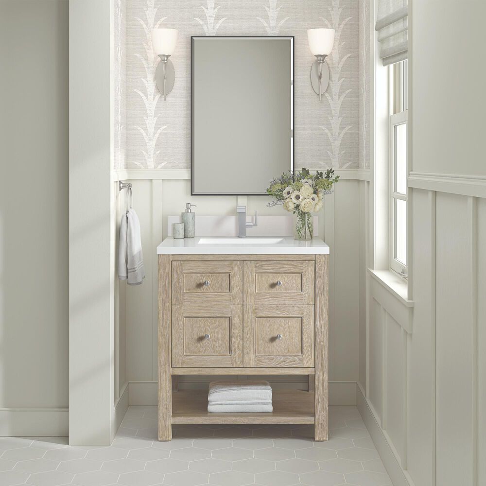 James Martin Vanities Breckenridge 30&quot; Single Vanity in Whitewashed Oak w/Single Hole 3 CM White Zeus Quartz Top &amp; Backsplash, , large