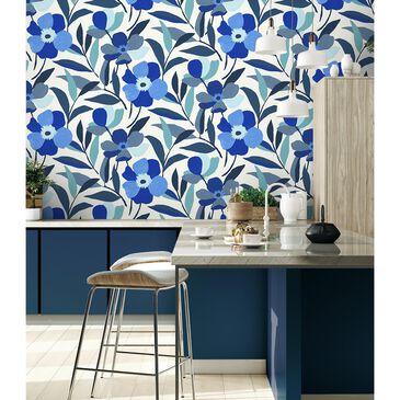 NextWall Garden Block Floral 216" x 20.5" Peel and Stick Wallpaper in Cobalt Blue and Lagoon, , large