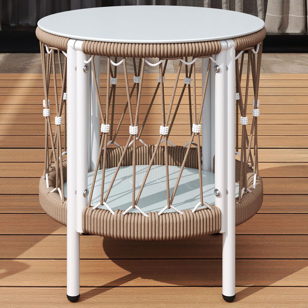 Hearth and Haven Outdoor Handwoven Rope Side Table with Glass Top in Beige and Natural, , large