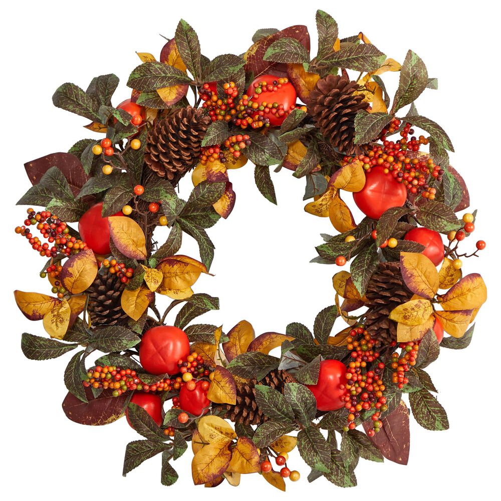 Nearly Natural Inc 26in. Autumn Persimmon and Pinecones Artificial Fall Wreath, , large