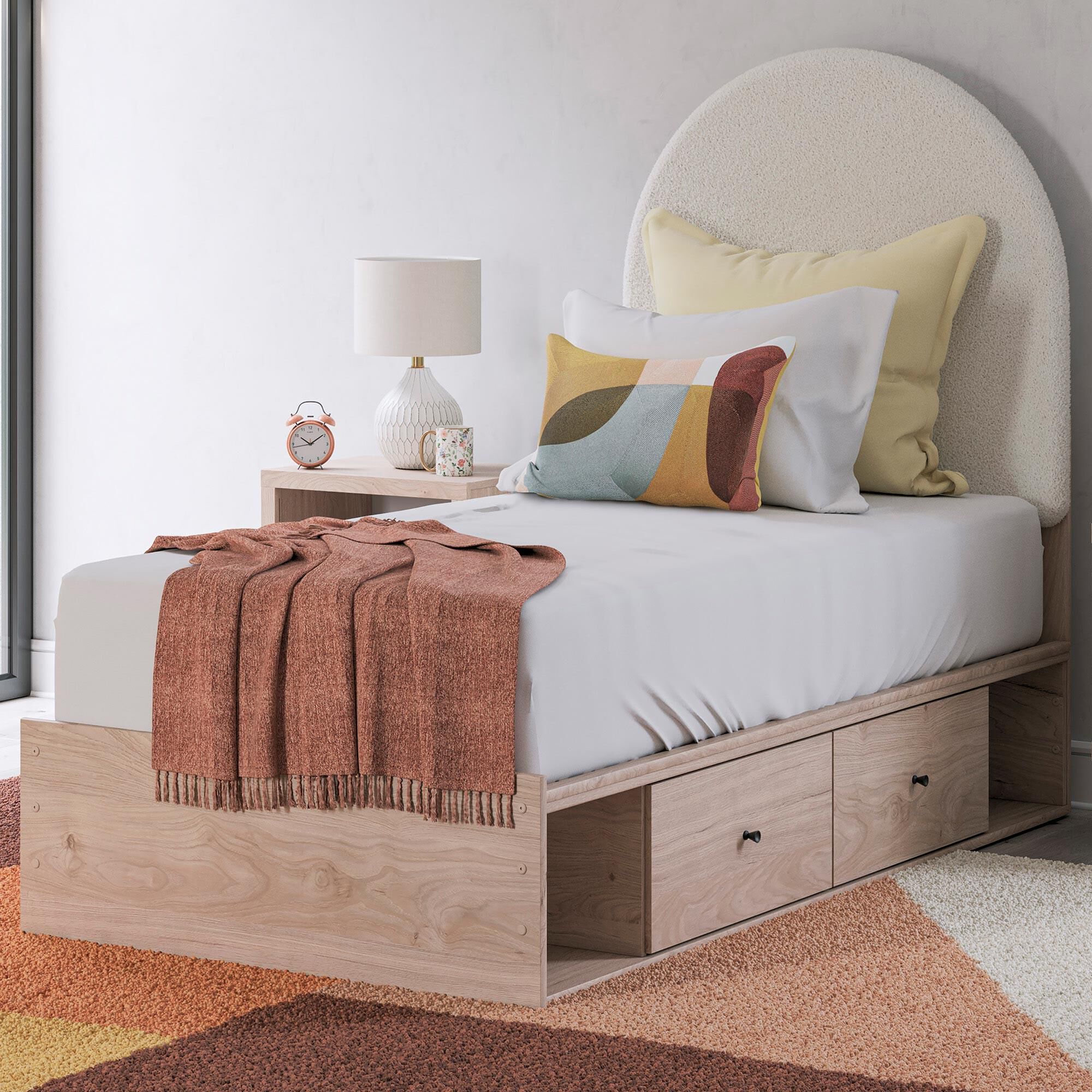 Ashley Arloster Twin Upholstered Panel Bed with Storage in Tan/White