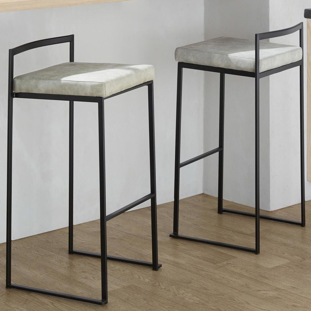 LumiSource Fuji 34" Stacker Bar Stool with Light Grey Cowboy Upholstery in Black (Set of 2), , large