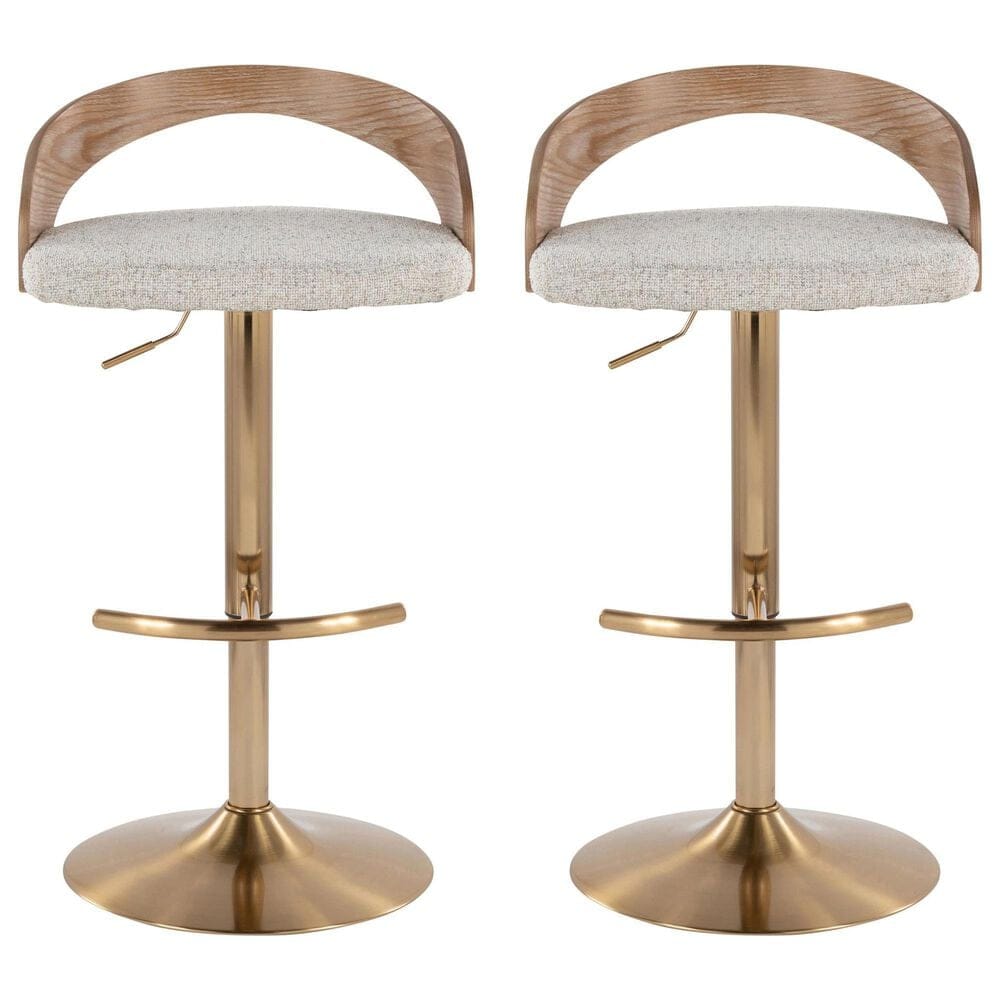 LumiSource Grotto Adjustable Swivel Barstool with Oat Fabric Upholstery in Gold and Whitewashed (Set of 2), , large