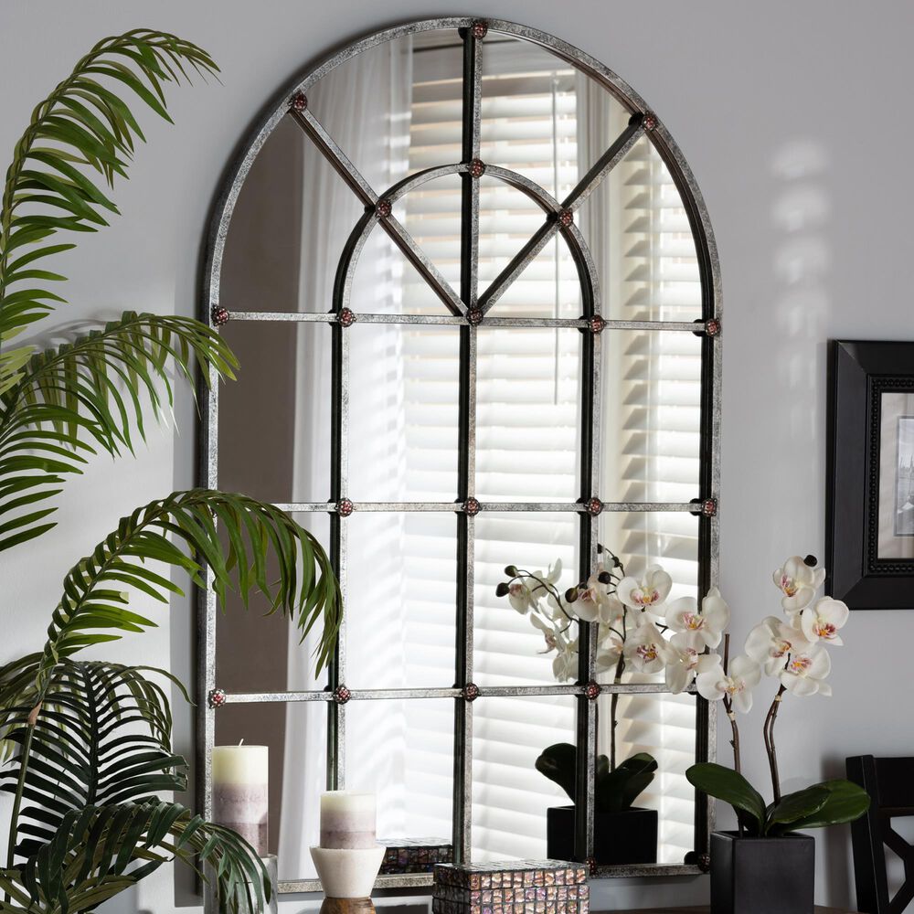 Baxton Studio Newman Arched Window Accent Wall Mirror in Antique Silver, , large