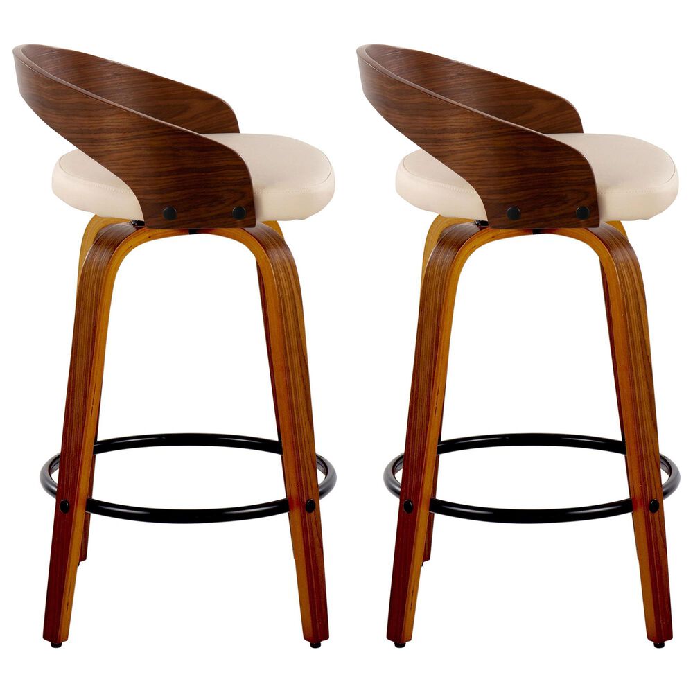 LumiSource Grotto 26" Swivel Counter Stool with Cream Faux Leather Upholstery in Walnut and Black (Set of 2), , large