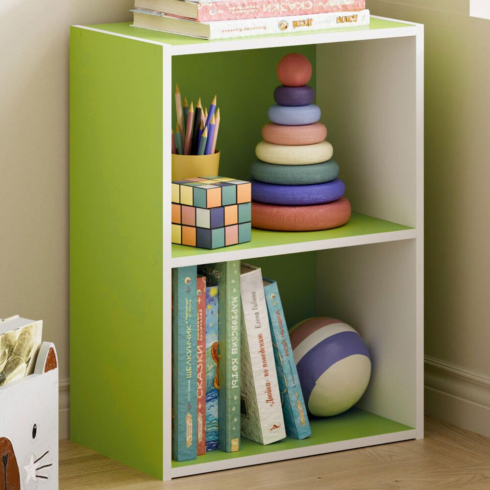 HOMLUX 2-Tier Cube Compact Storage Shelf Organizer Bookcase in Green and White, , large