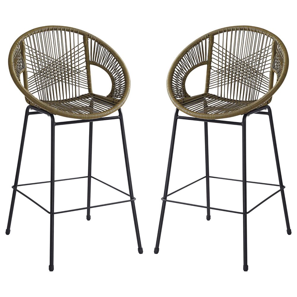 Hearth and Haven Ferrara Outdoor Faux Wicker Barstool in Green (Set of 2), , large