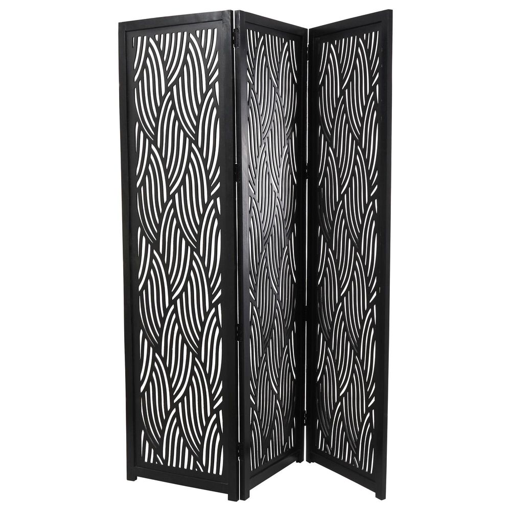 Maple and Jade 3-Panel Abstract Wavy Cutout Partition Room Divider Screen in Matte Black, , large