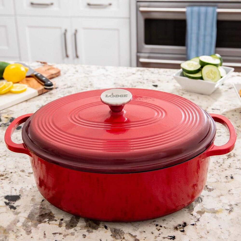 Lodge Cast Iron Essential Enamel 7-Quart Oval Cast Iron Dutch Oven in Red, , large