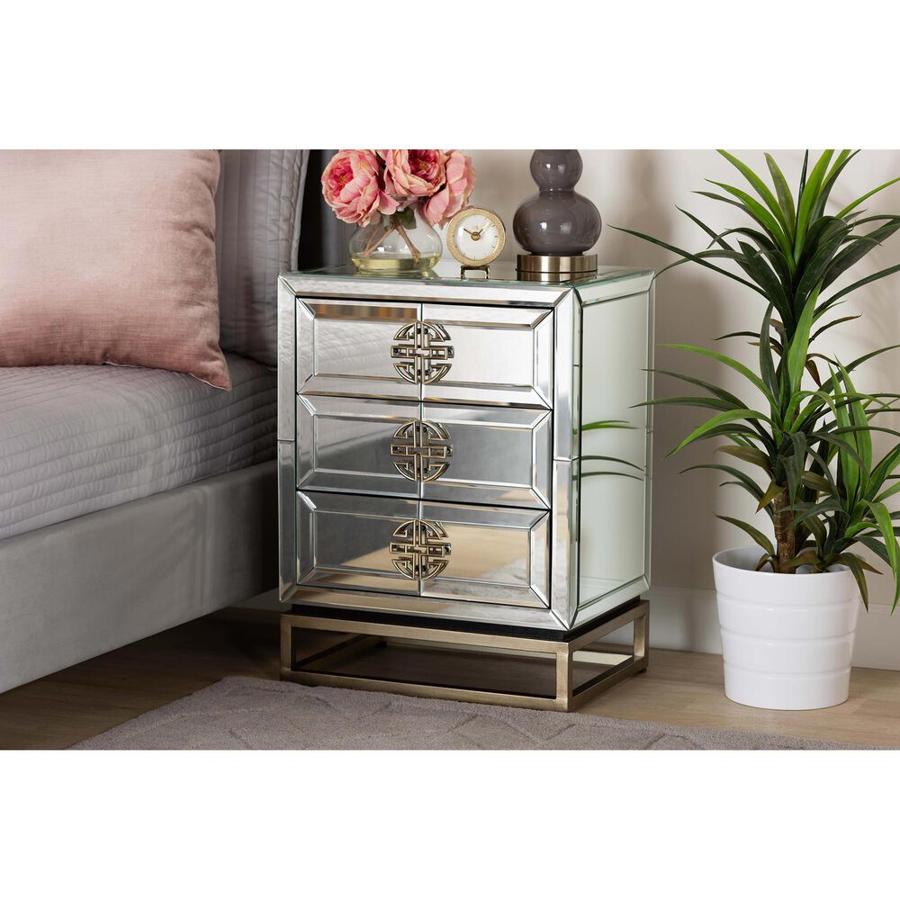 Baxton Studio Laken 3 Drawer Nightstand in Mirrored, , large