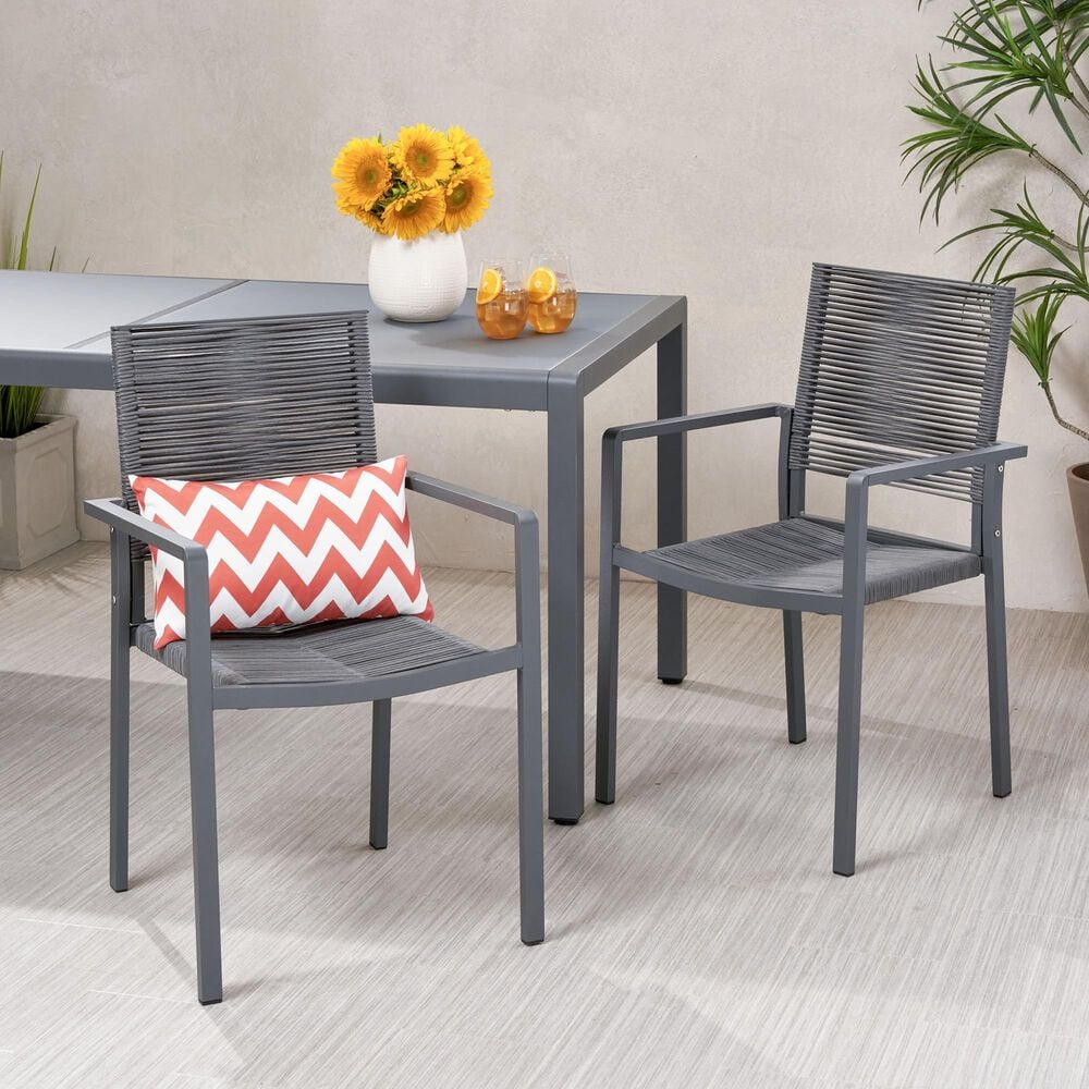 Hearth and Haven Outdoor Modern Aluminum Dining Chair with Dark Gray Rope Weave Seat in Gray &#40;Set of 2&#41;, , large