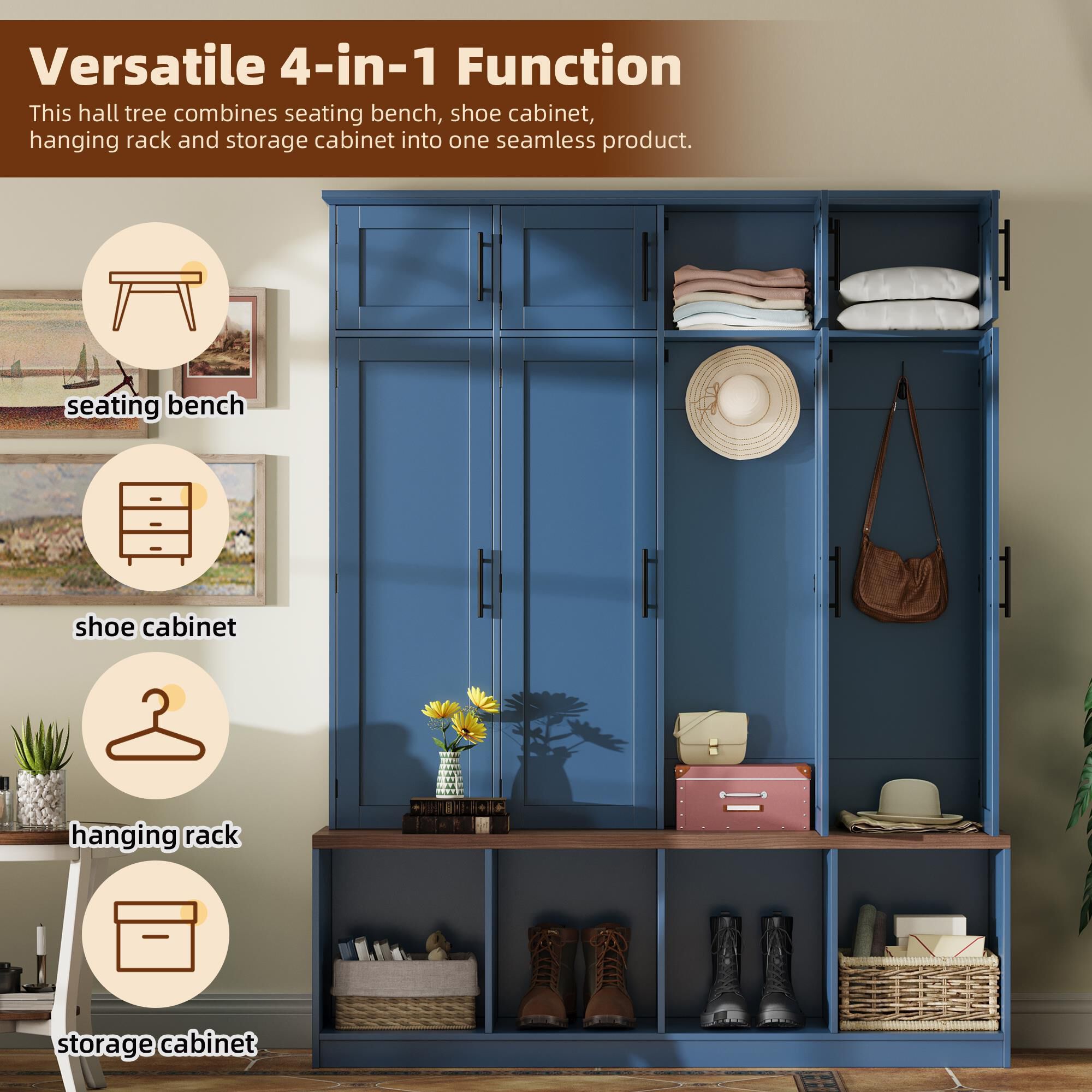 HOMLUX 4-Hook Hall Tree with 8-Door in Blue and Walnut