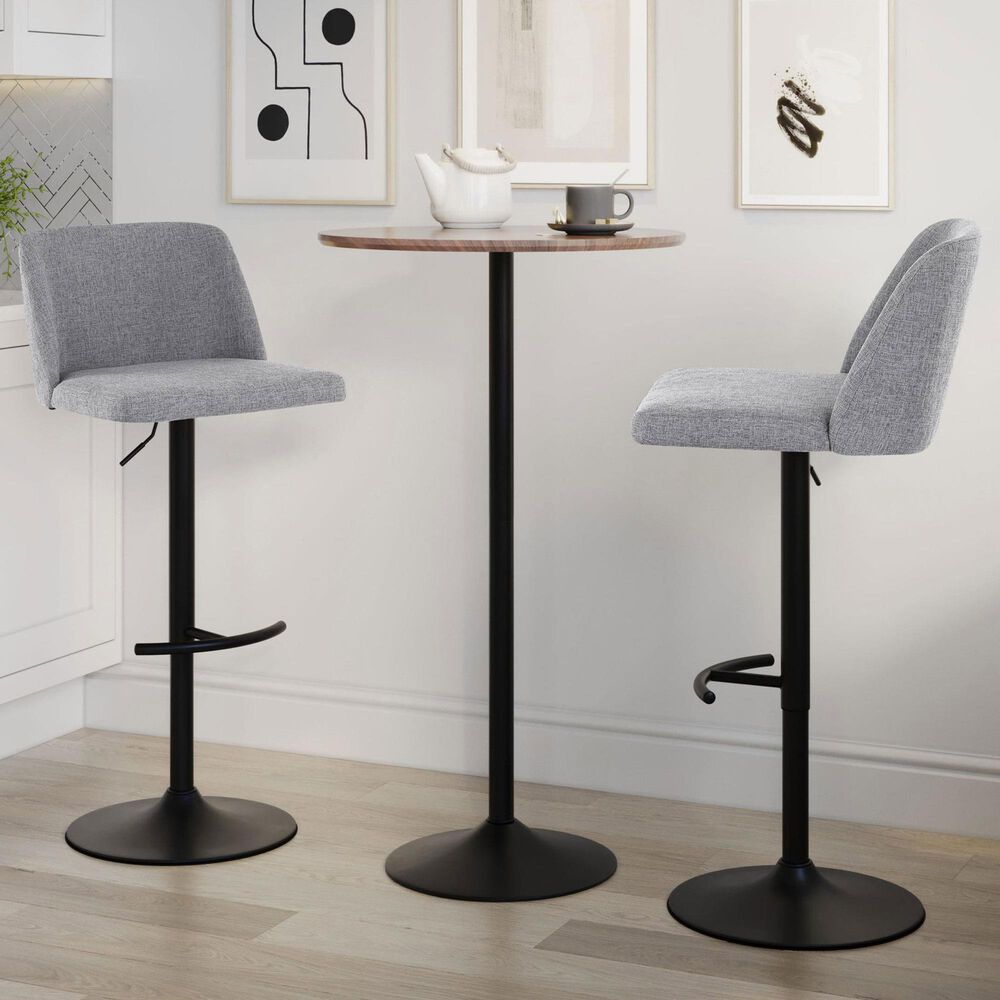 LumiSource Toriano Swivel Adjustable Bar Stool with Grey Fabric Upholstery in Black (Set of 2), , large
