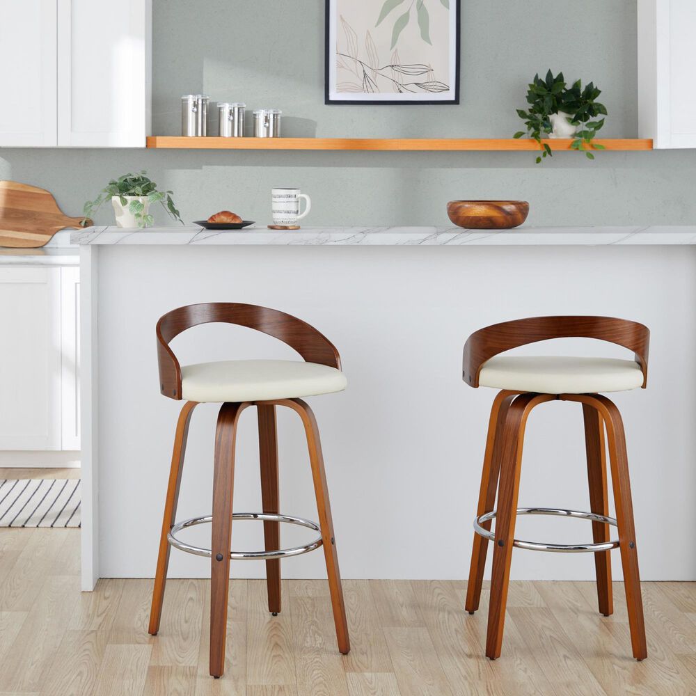 LumiSource Grotto 30" Swivel Barstool with Cream Faux Leather Upholstery in Walnut and Chrome (Set of 2), , large