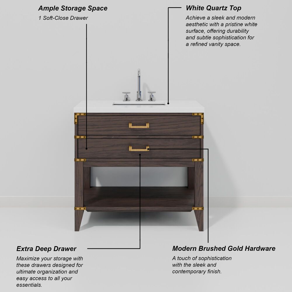 Lexora Home Norwalk 36&quot; Single Bathroom Vanity in Brown Oak with White Quartz Top and Rectangular Sink, , large