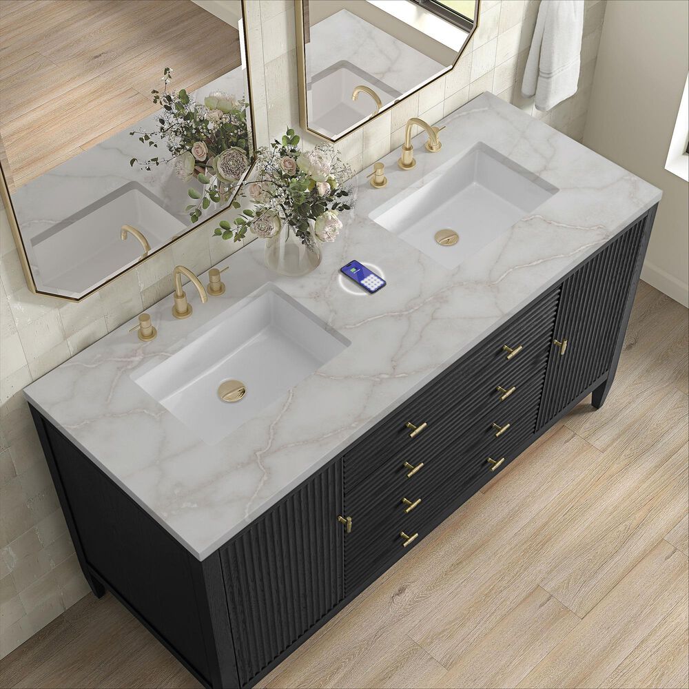 James Martin Vanities Myrrin 60" Double Bathroom Vanity in Carbon Oak with 3 cm Eternal Jasmine Pearl Silestone Top, Rectangular Sinks and FreePower Wireless Charger, , large