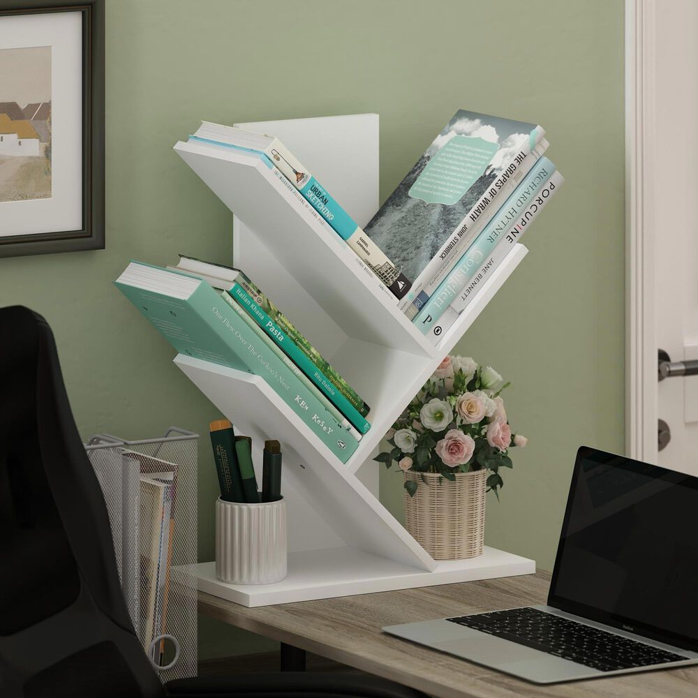 HOMLUX 3-Tier Floor Standing Tree Bookcase in White, , large