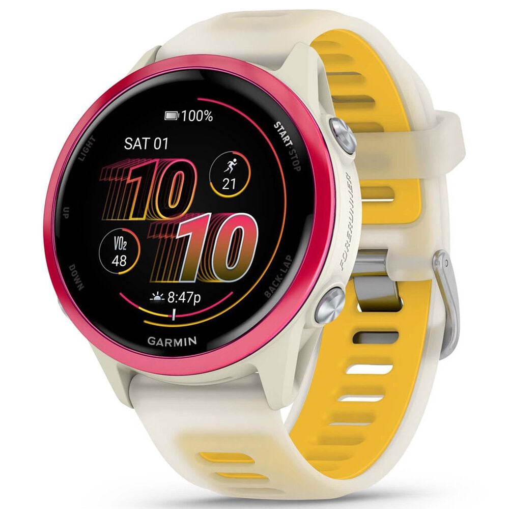 Garmin Forerunner 570 42mm Raspberry Aluminum with Translucent Bone and Mango Band, , large