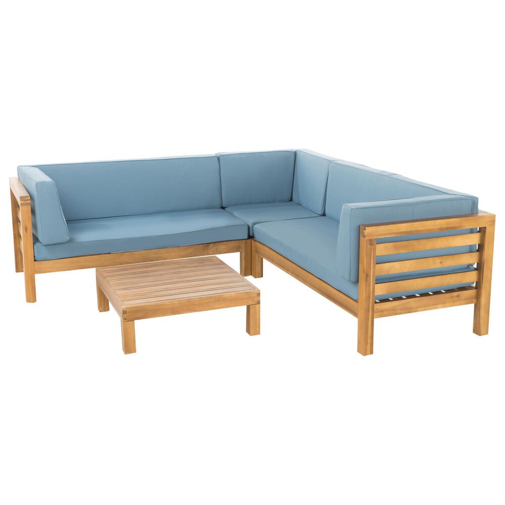Noble House Oana 4-Piece Patio Sectional Set with Blue Cushion in Teak Brown, , large