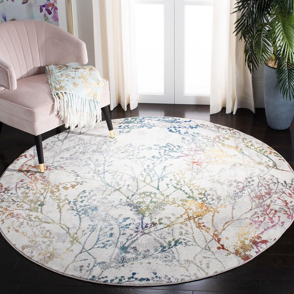 Safavieh Aria Floral 6&#39;6&quot; Round Ivory and Blue Area Rug, , large