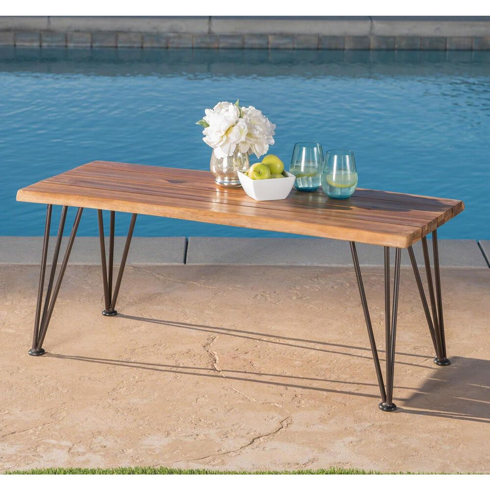 Hearth and Haven Zion 3-Piece Outdoor Coffee Table and Accent Table Set with Metal Hairpin Legs in Teak, , large