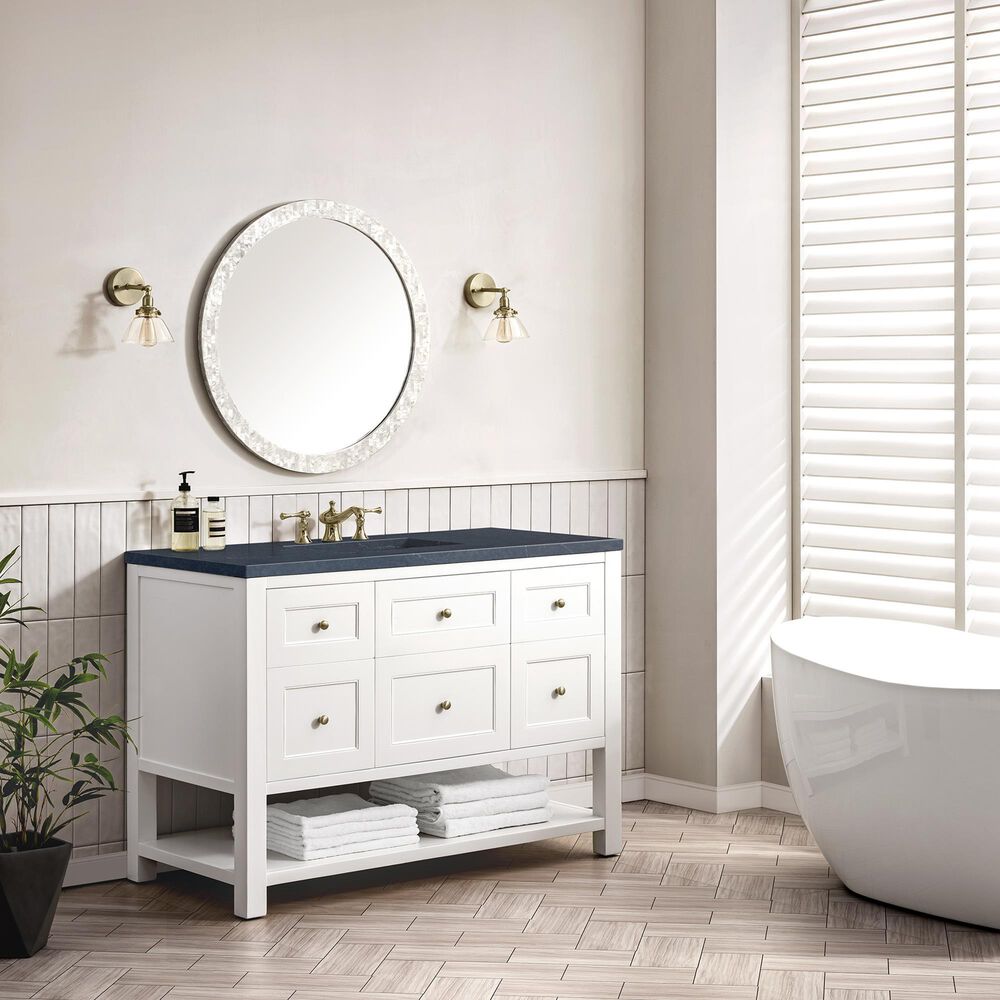 James Martin Breckenridge 48&quot; Single Bathroom Vanity in Bright White with 3 cm Charcoal Soapstone Quartz Top and Rectangular Sink, , large