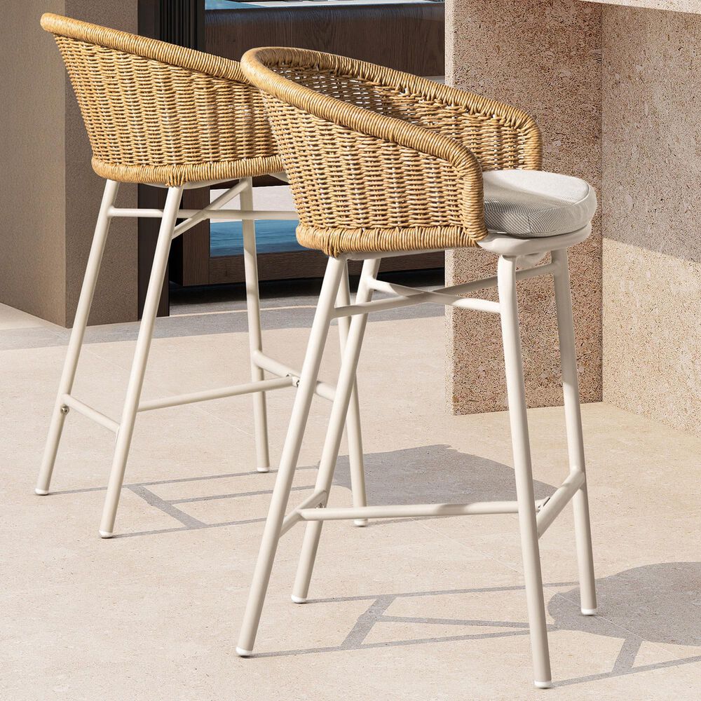 Hearth and Haven Santorini Outdoor Barstool with Wicker Backrest and Cushions in Beige (Set of 2), , large