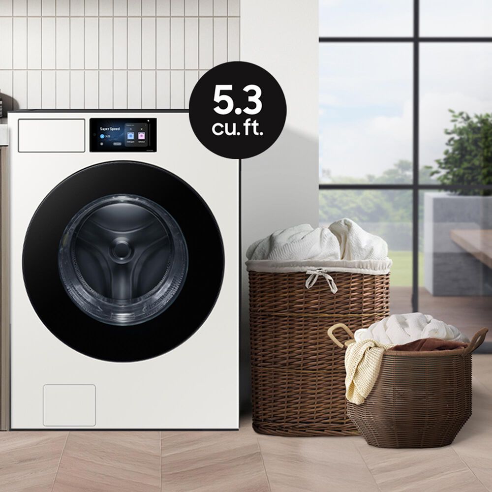 SAMSUNG Bespoke 5.3 Cu. Ft. Front Load Washer and 7.6 Cu. Ft. Front Load Gas Dryer in Ivory, , large