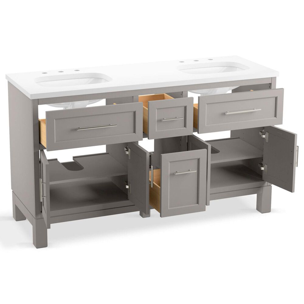 Kohler Quo 60&quot; Double Bathroom Vanity in White with 3 cm Pure White Quartz Top and Oval Sinks, , large