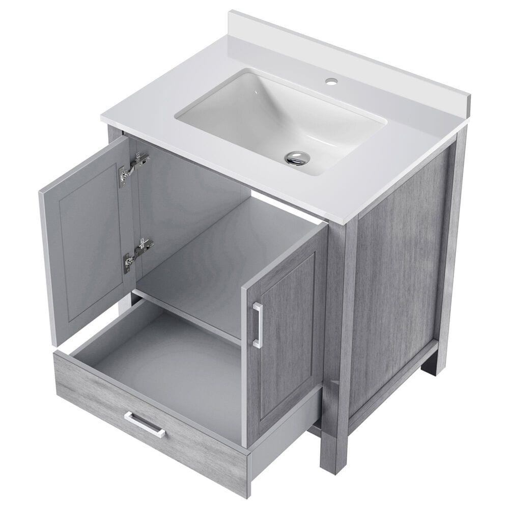 Lexora Home Jacques 30&quot; Single Bathroom Vanity in Distressed Grey with 2 cm White Cultured Marble Top and Rectangular Sink, , large